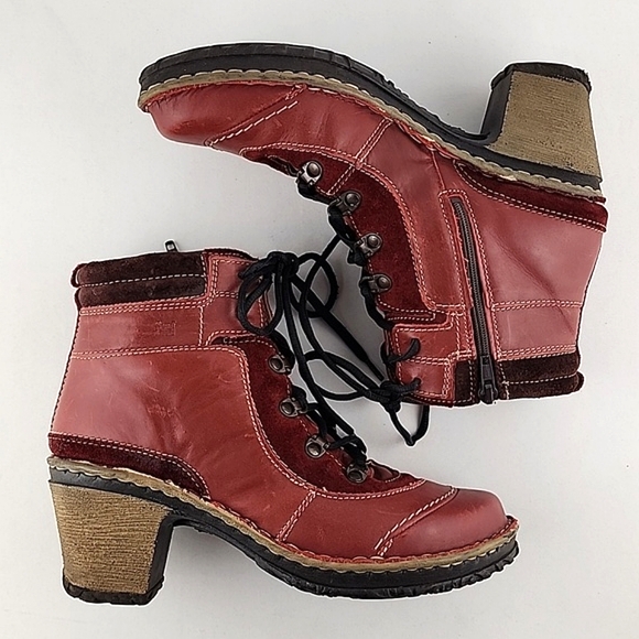 Josef Seibel Kingfisher Red Wine Leather Lace Up Ankle Boots Faux Fur Size 39 - Picture 2 of 16